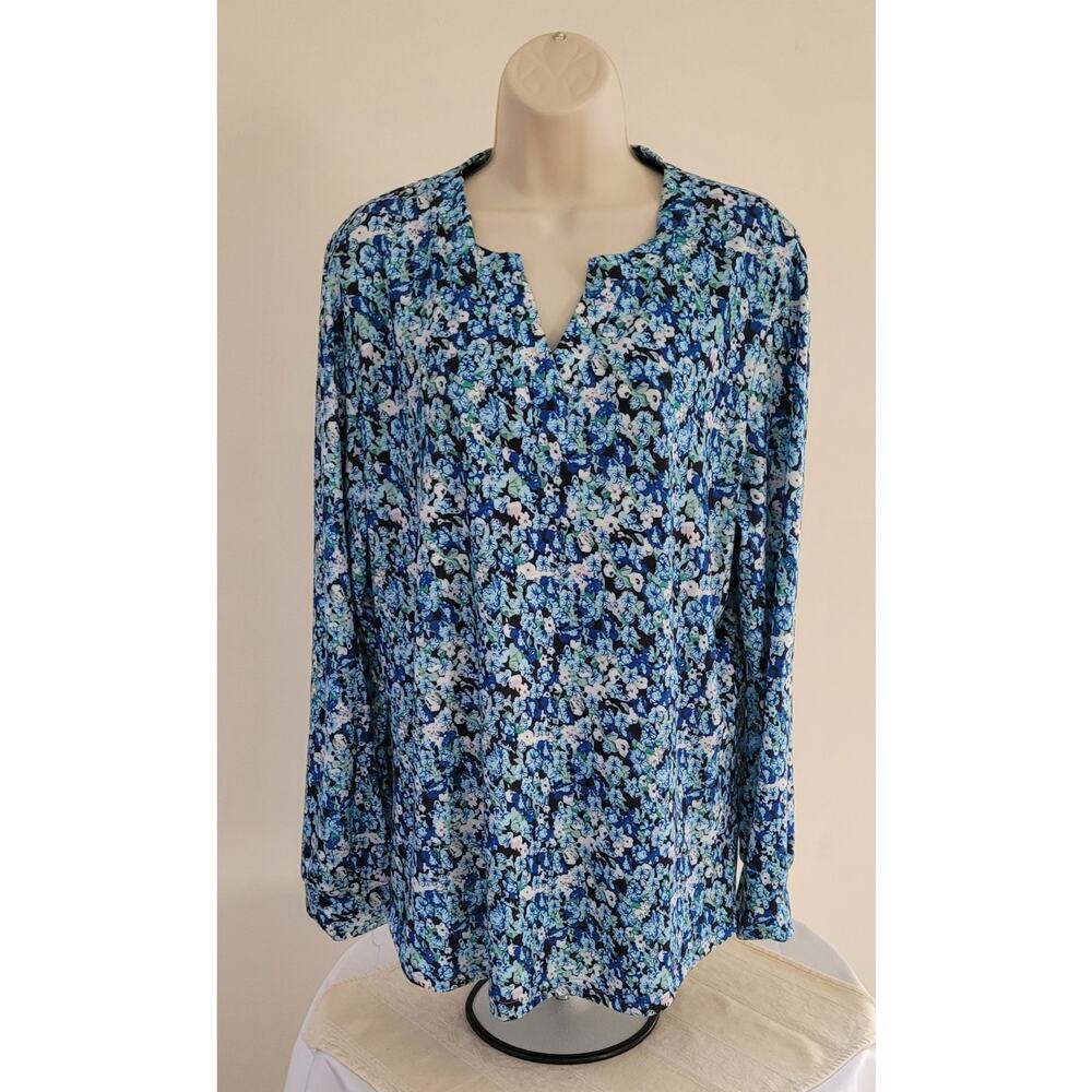 FANTASLOOK Long Sleeve Blue Floral print Knit Shirt Tunic Top --Sz XL-NEW!!!
